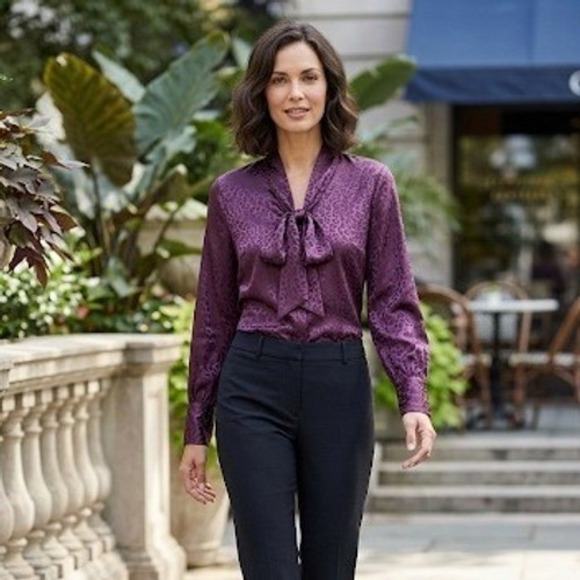 Investments Tops - Investments Purple Animal Print Tie Neck Blouse L Satin Button Down Long Sleeve